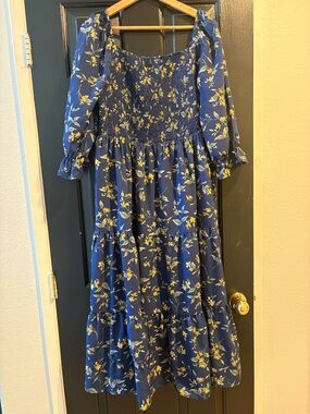 Blue Floral Smocked Maxi Dress with Puff Sleeves